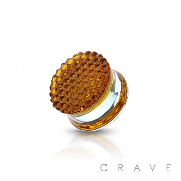 HONEYCOMB TEXTURE AMBER COLOR GLASS DOUBLE FLARE PLUG